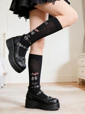Goth Platform Mary Jane Shoes Matte Black Wedge Pumps Ankle Strap Lolita Dress